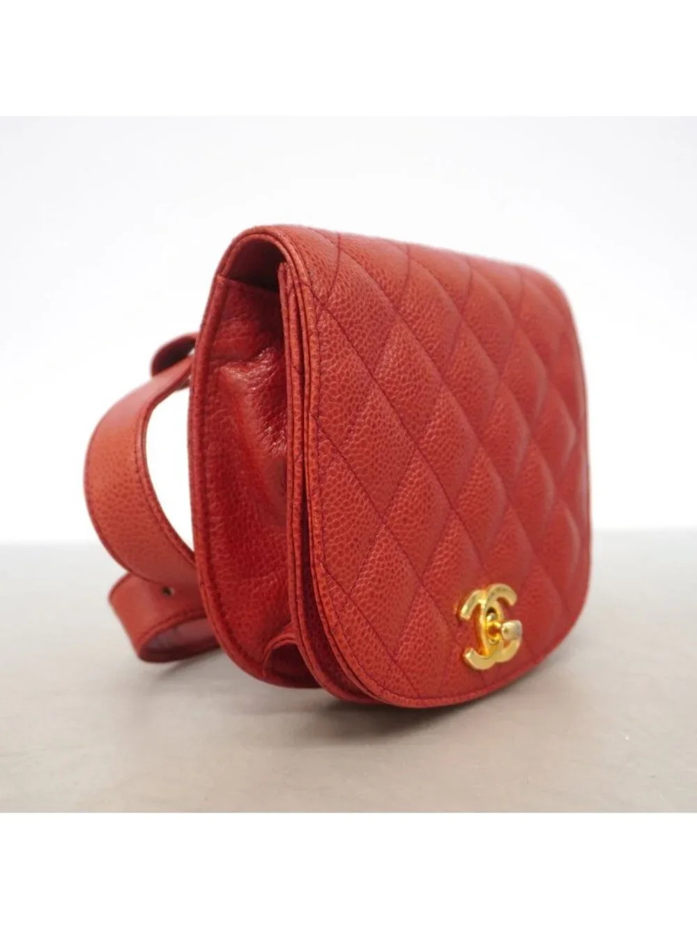 Chanel Waist Bag Quilted Caviar Leather Red Gold
